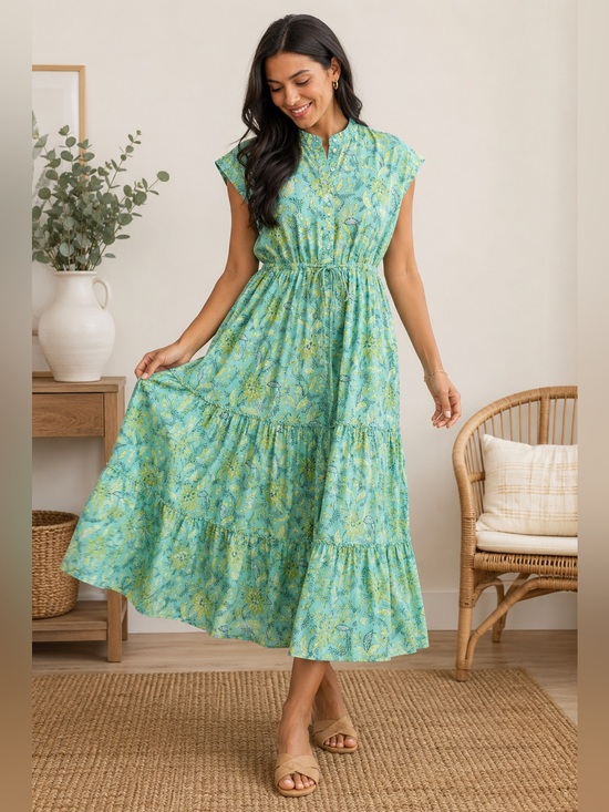 Ro's Garden Dresses & Skirts - Ro’s Garden Mumi Cotton Midi Dress Women’s M Aqua Green Floral Tiered Boho